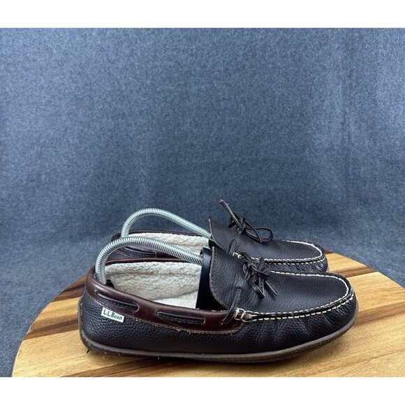 LL Bean Slippers Brown Leather Moccasins Womens 10 Shearling Handsewn 212985 - Picture 1 of 11